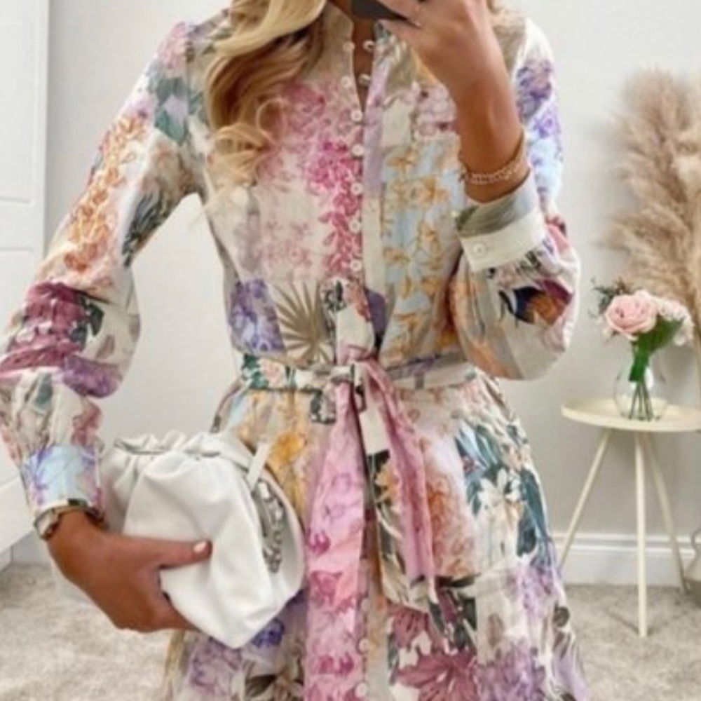 Zara Linen Tropical Floral Parrot Dress Button Front & Tie Belt